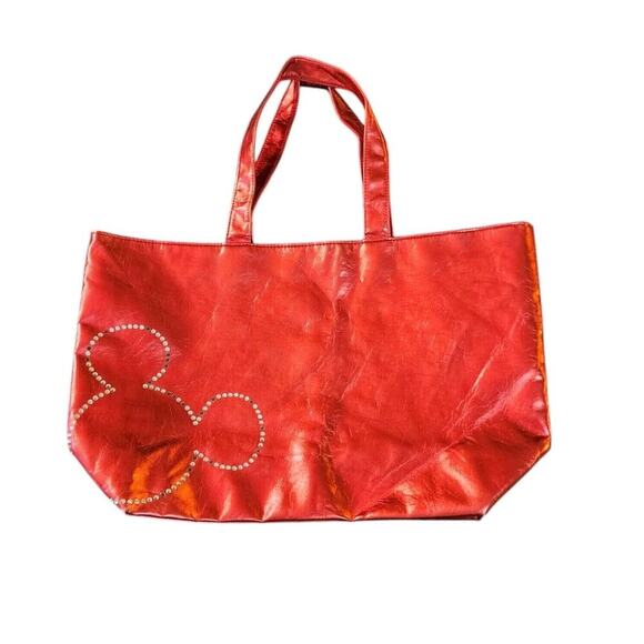 Disney Parks Red Metallic Rhinestone Mickey Mouse Tote Bag Faux Leather Flawed - Picture 1 of 8